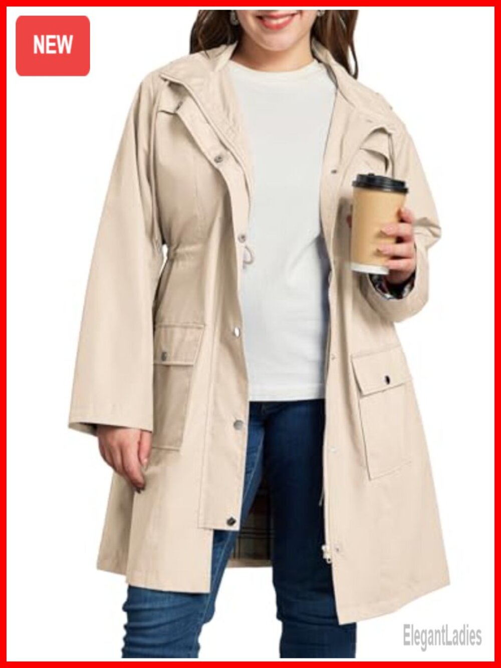 Plus Size Rain Jacket Waterproof Windbreaker Trench Coat with Pockets